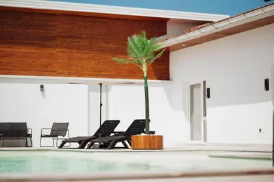 a palm tree sitting next to chairs in a pool at Villa Apartments Blanco - Near Airport Banja Luka in Laktaši