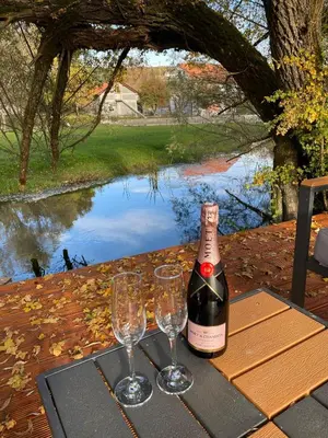 a bottle of wine and two wine glasses on a table at Villa Verde House by the River Sturba in Livno