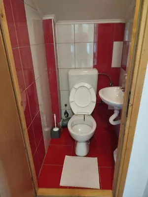 a small bathroom with a toilet and a sink at Apartmani LIDER Visoko in Visoko