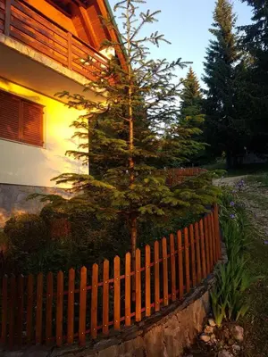 a small tree next to a fence next to a house at Holiday Home Villa Snježina in Vlasic