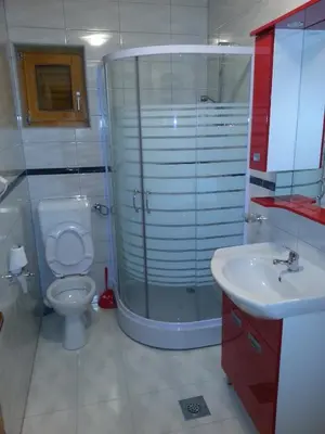 a bathroom with a shower and a toilet and a sink at Holiday Home Villa Snježina in Vlasic