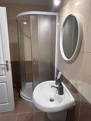 a bathroom with a sink and a shower and a mirror at Apartment Alisa in Vlasic