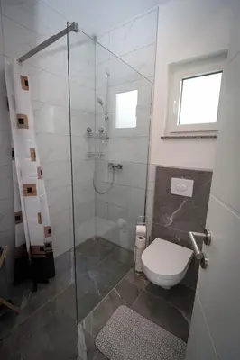 a bathroom with a toilet and a glass shower at Kuća za odmor Ana in Prozor