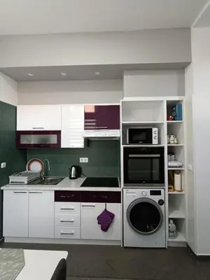 a kitchen with a washing machine and a microwave at Una Festa Apartment in Bihać