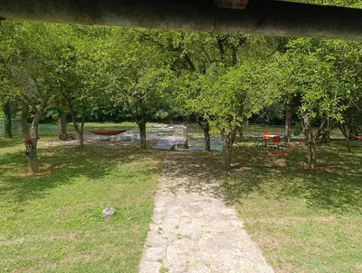 a path through a park with trees and a picnic table at River Nest in Kulen Vakuf