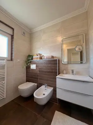 a bathroom with a sink and a toilet and a mirror at Apartment Alma in Bihać