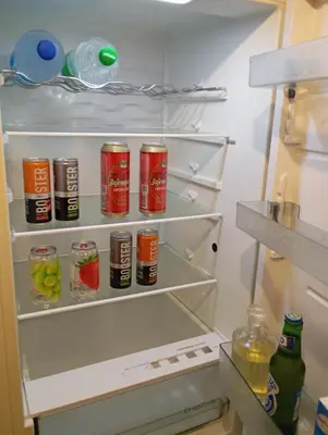 an open refrigerator filled with cans of soda at ALEXiS in Modriča