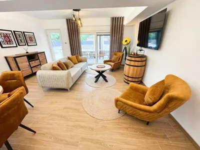 a living room with couches and chairs and a television at Villa Aurelia Wellness in Illidža