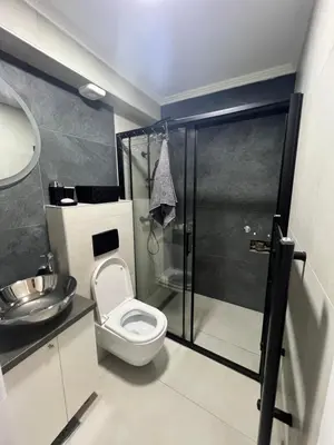 a bathroom with a shower and a toilet and a sink at Apartman TRG, Prijedor in Prijedor