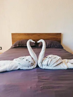 two towel swans are laying on a bed at Apartman Alinac in Cazin