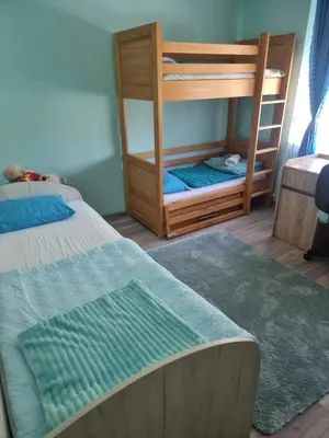a bedroom with two bunk beds and a ladder at Ramonda Smještaj in Tuzla