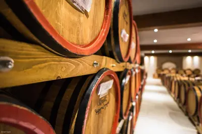 a row of wooden wine barrels in a cellar at Hotel & Distillery Monogram in Mišići