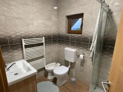 a bathroom with a toilet and a sink and a shower at EDina Apartman in Bihać