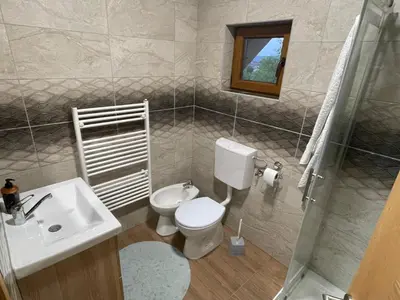 a bathroom with a toilet and a sink and a shower at EDina Apartman in Bihać