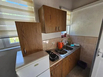 a small kitchen with wooden cabinets and a stove at Villa Harmonija