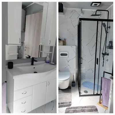 two pictures of a bathroom with a sink and a shower at Holiday home Alen in Kulen Vakuf