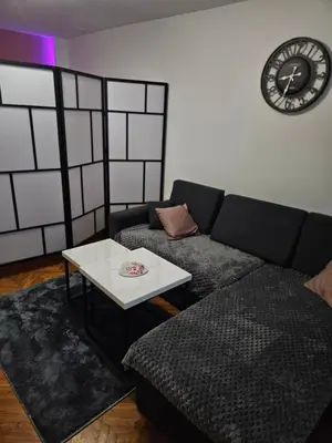 a living room with a couch and a clock on the wall at Apartman Maja in Bosanski Šamac