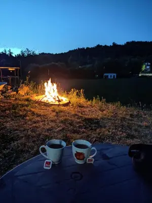 two cups of coffee sitting on a table in front of a fire at Villa Mostanica, Kozarska Dubica