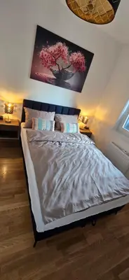 a bedroom with a bed with a painting on the wall at Apartment Lazarus with garage Banja Luka in Banja Luka