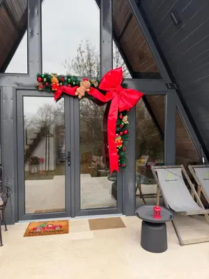 a christmas wreath on a door with a red bow at Villa Natura in Bosanska Gradiška