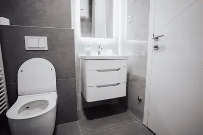 a bathroom with a white toilet and a sink at Dolce notte in Železnička Stanica Incel