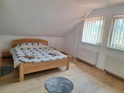 a bedroom with a bed and two windows at Holiday home Biskupici in Visoko