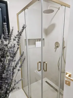 a shower with a glass door in a bathroom at LUXIA PRIVATE ESTATE Sauna & Outdoor lounge with Fireplace in Bihać