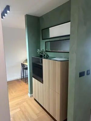 a kitchen with a counter with a stove at Zs Apartment in Tuzla