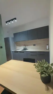a kitchen with a wooden table with a potted plant at Zs Apartment in Tuzla