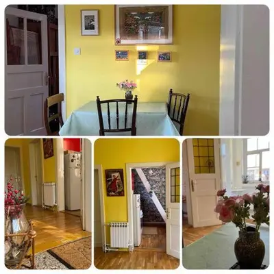 a collage of four pictures of a room with yellow walls at Cozy&Arty House with Garden&Parking- in the centre in Banja Luka