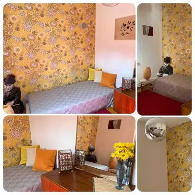 a collage of four pictures of a bedroom at Cozy&Arty House with Garden&Parking- in the centre in Banja Luka