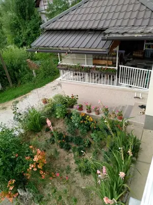 a garden in front of a house with flowers at Secret garden in Visoko