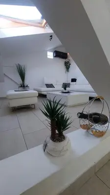 a living room with three potted plants on the floor at Mansarda Apartman Diva in Prijedor
