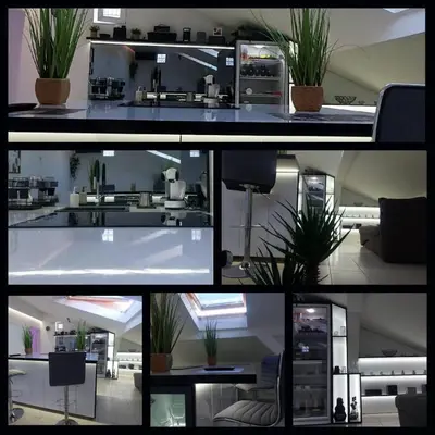 a collage of photos of a kitchen with plants at Mansarda Apartman Diva in Prijedor