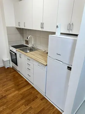 a white kitchen with white appliances and wooden floors at Stan na dan Banja Luka DM in Ivišovo Greblje