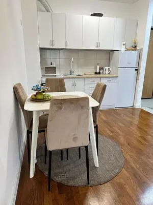 a kitchen with a white table and chairs in a room at Stan na dan Banja Luka DM in Ivišovo Greblje
