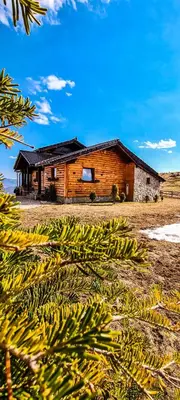a wooden cabin with a bunch of bananas in front of it at Planinska kuća 