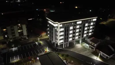 an overhead view of a building at night at GRAĐUS Deluxe Apartmani in Kotor-Varoš