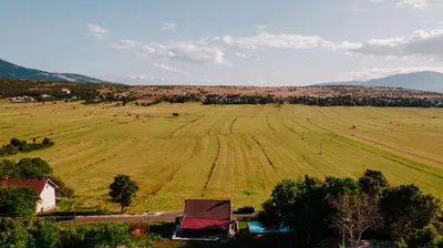 an aerial view of a field with cows in the distance at Kuća s osmijehom in Livno