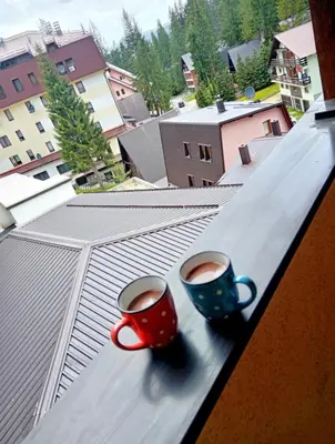 two cups of coffee sitting on a window sill at Vlašić Vacation apartment in Vlasic