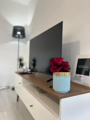 a vase with a rose in it on a counter at Apartman Sara in Teslić