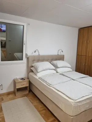 a bedroom with a large bed and a mirror at Palada apartment in Banja Luka