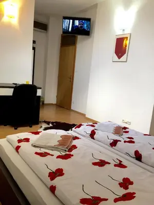 a bedroom with a bed with red flowers on it at City Bridge Guest House in Bihać