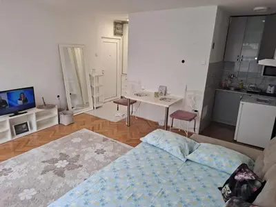 a living room with a bed and a table and a kitchen at Apartman TEA in Ivišovo Greblje