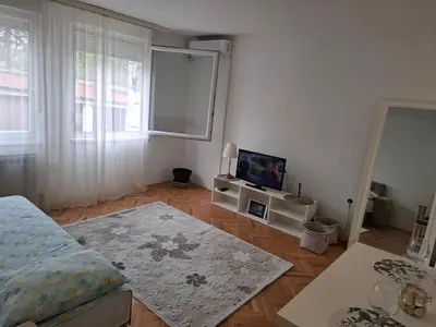 a living room with a couch and a tv at Apartman TEA in Ivišovo Greblje