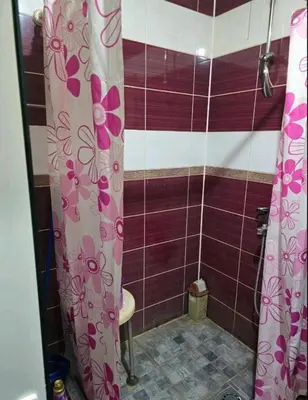 a bathroom with a shower with purple and white tiles at Pyramid Apartment in Visoko
