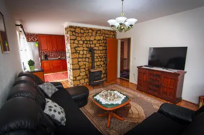 a living room with a couch and a fireplace at Apartment Red House in Visoko