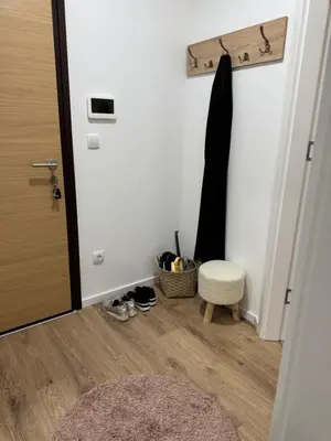 a room with a door and a basket of shoes at Apartman Sofija in Doboj
