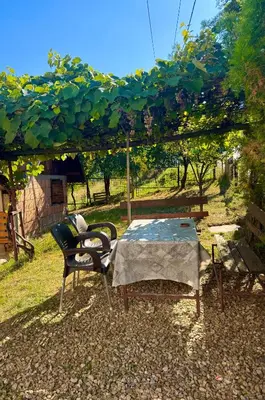 a table and chairs sitting under a pergola at New Hill house in Visoko
