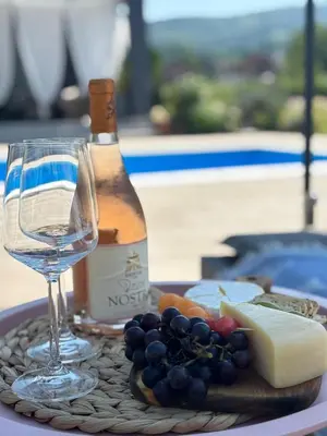 a bottle of wine and a plate of cheese and grapes at Villa Stone House